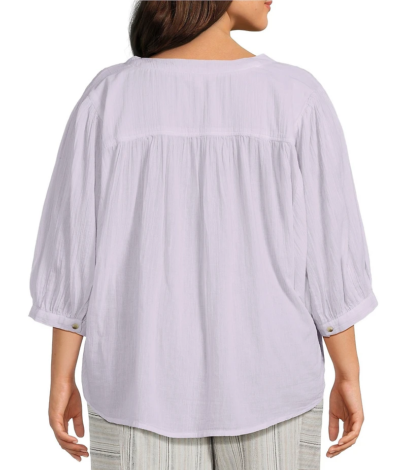 Westbound Plus Size Banded Collar 3/4 Sleeve Button Front Top