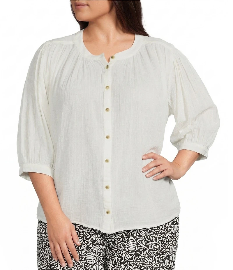 Westbound Plus Size Banded Collar 3/4 Sleeve Button Front Top