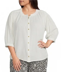 Westbound Plus Size Banded Collar 3/4 Sleeve Button Front Top