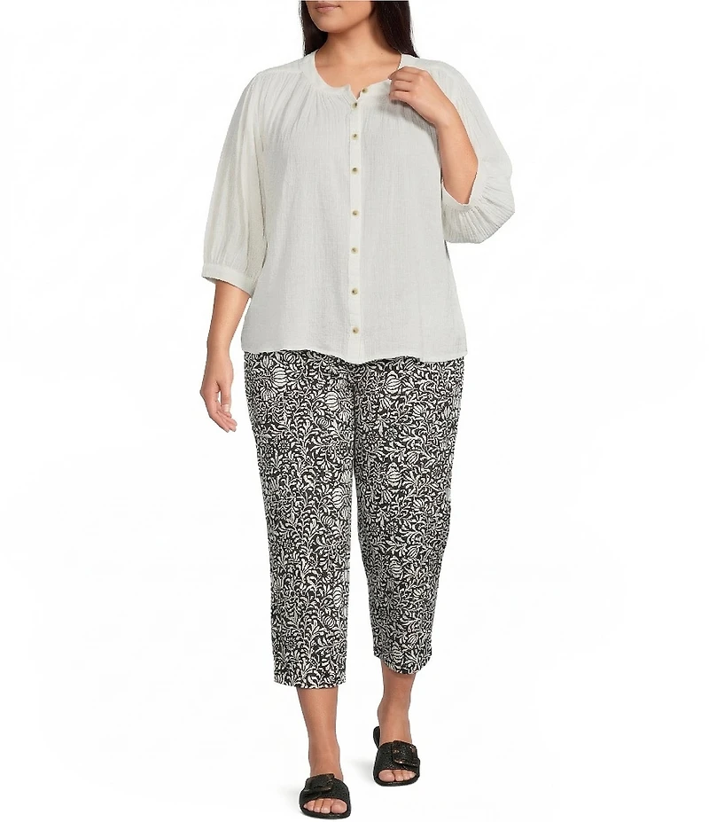 Westbound Plus Size Banded Collar 3/4 Sleeve Button Front Top