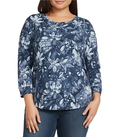 Westbound Plus Size Vintage Denim Floral 3/4 Sleeve Knit Crew Neck Top