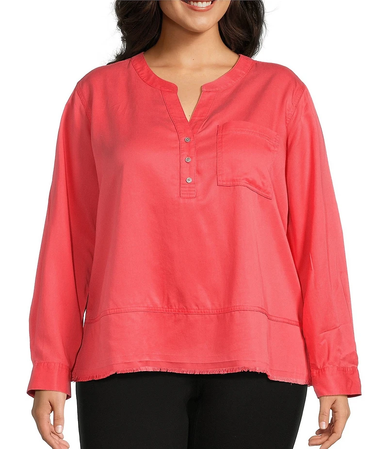 Westbound Plus Size Woven 3/4 Roll-Tab Sleeve Henley Top