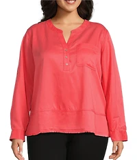 Westbound Plus Size Woven 3/4 Roll-Tab Sleeve Henley Top