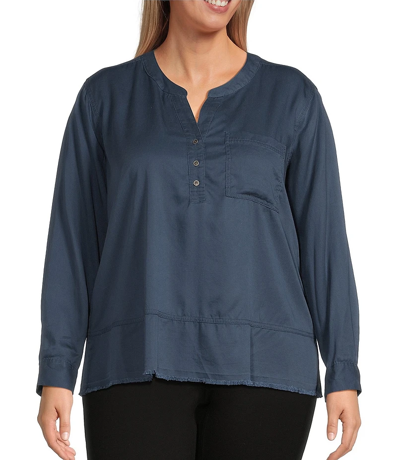Westbound Plus Size Woven 3/4 Roll-Tab Sleeve Henley Top
