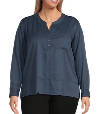 Westbound Plus Size Woven 3/4 Roll-Tab Sleeve Henley Top