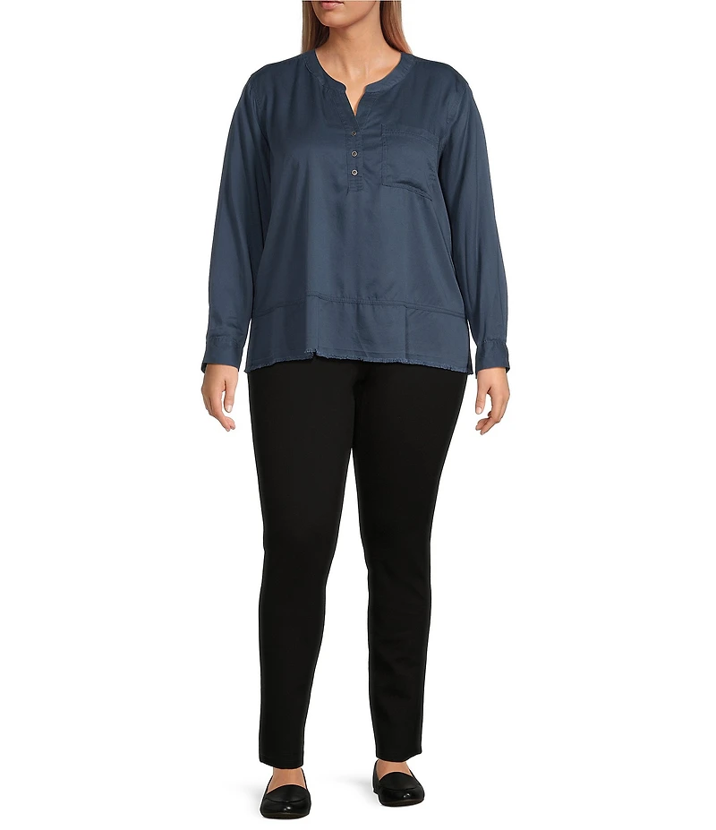 Westbound Plus Size Woven 3/4 Roll-Tab Sleeve Henley Top