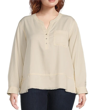 Westbound Plus Size Woven 3/4 Roll-Tab Sleeve Henley Top