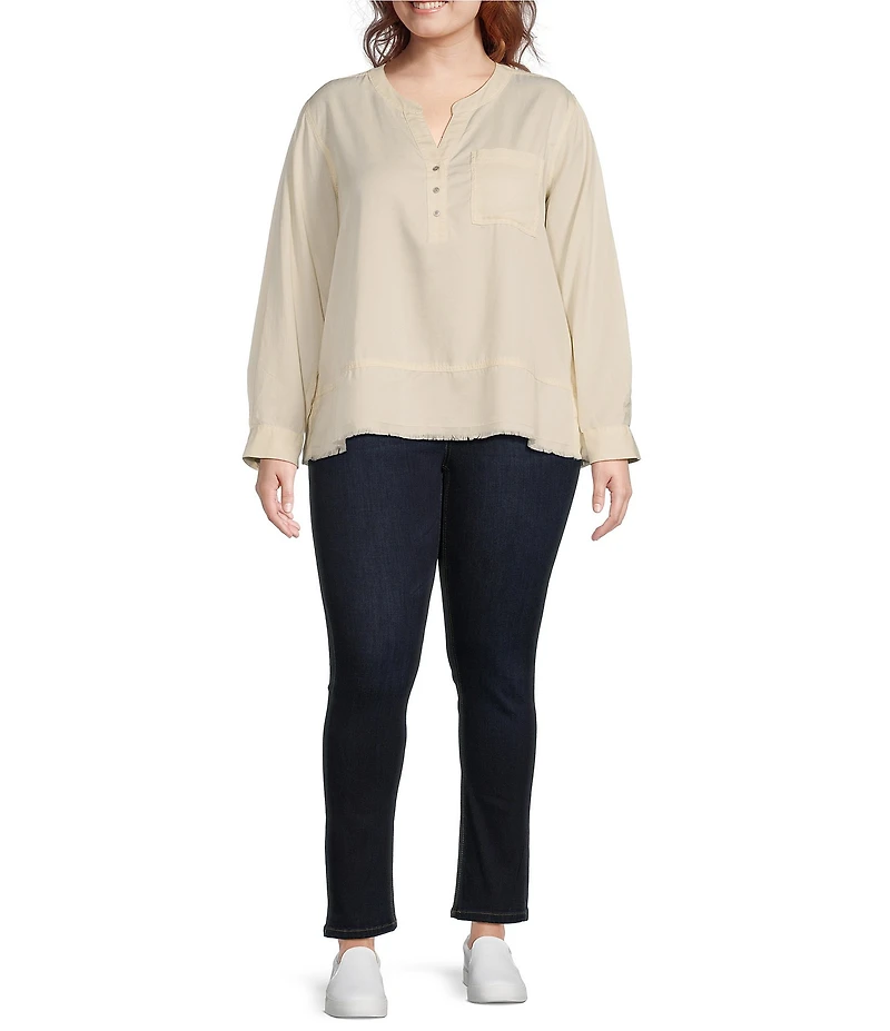 Westbound Plus Size Woven 3/4 Roll-Tab Sleeve Henley Top