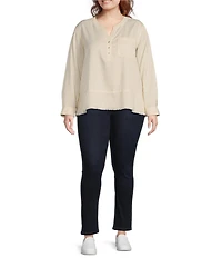 Westbound Plus Size Woven 3/4 Roll-Tab Sleeve Henley Top