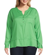 Westbound Plus Size Woven 3/4 Roll-Tab Sleeve Henley Top