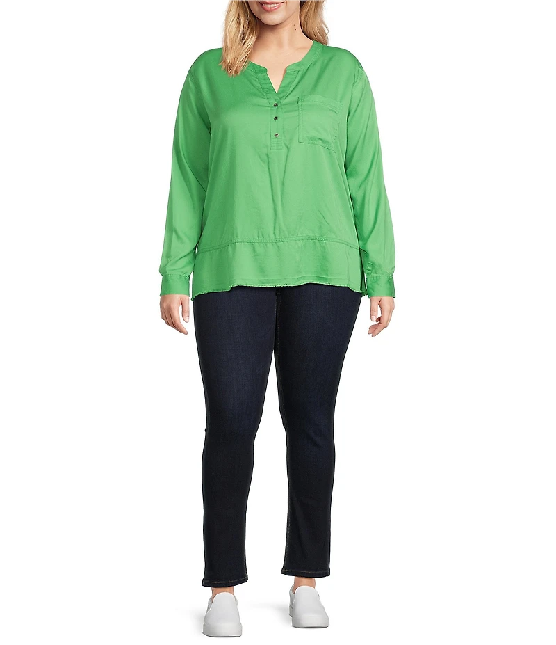 Westbound Plus Size Woven 3/4 Roll-Tab Sleeve Henley Top