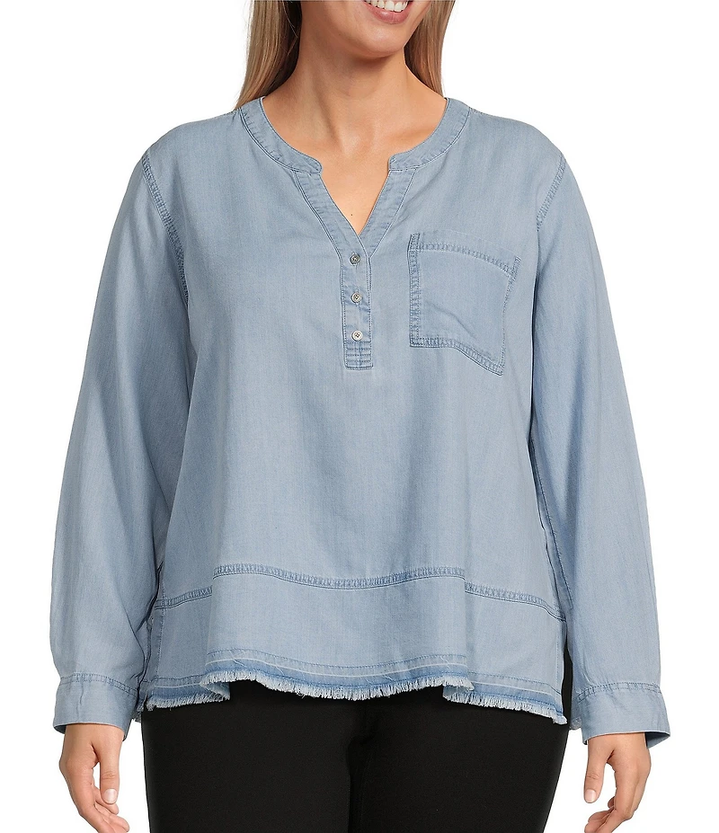 Westbound Plus Size Woven 3/4 Roll-Tab Sleeve Henley Top