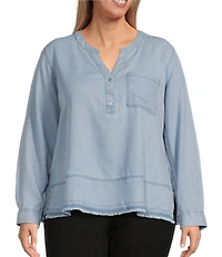 Westbound Plus Size Woven 3/4 Roll-Tab Sleeve Henley Top