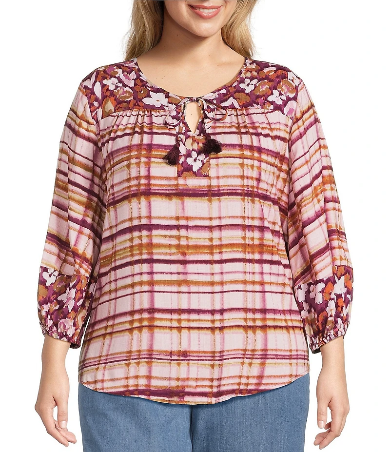Westbound Plus Size Woven Floral 3/4 Sleeve V-Neck Tie Blouse