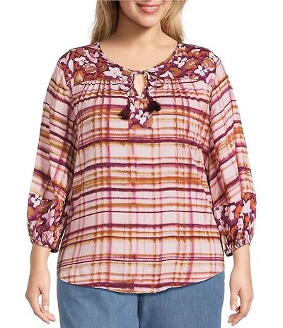 Westbound Plus Size Woven Floral 3/4 Sleeve V-Neck Tie Blouse