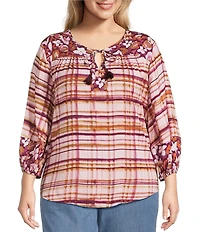 Westbound Plus Size Woven Floral 3/4 Sleeve V-Neck Tie Blouse