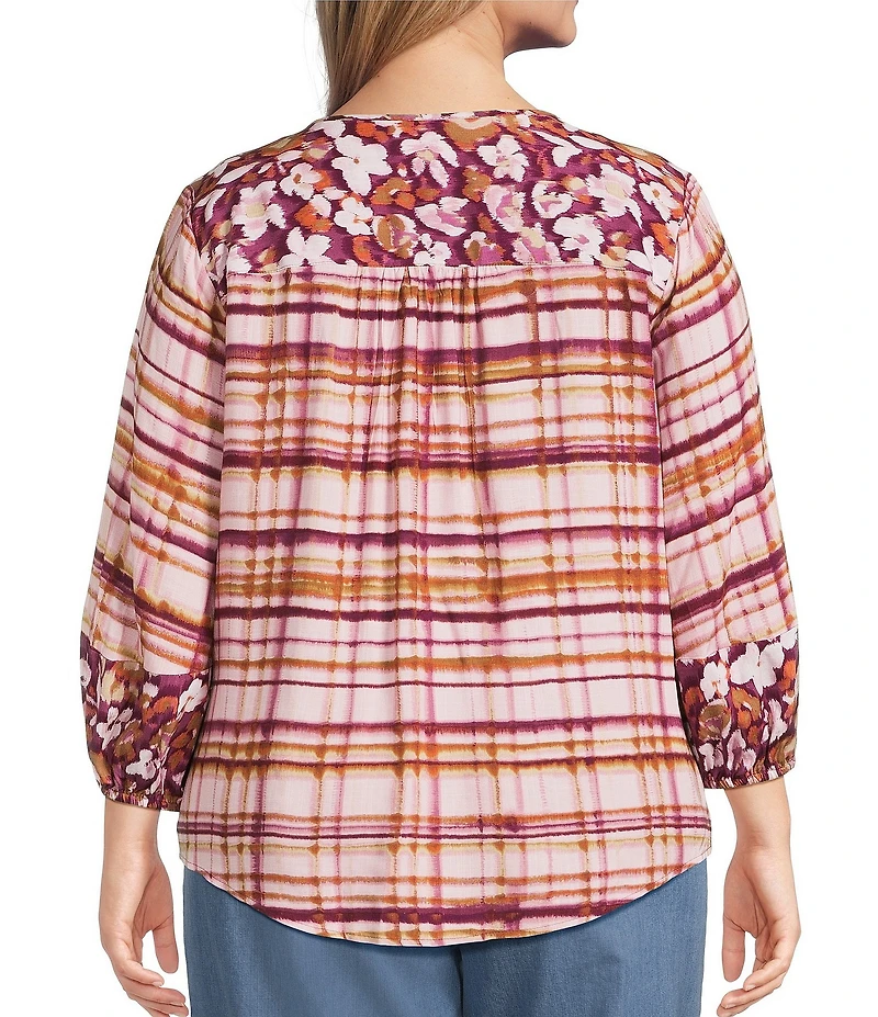 Westbound Plus Size Woven Floral 3/4 Sleeve V-Neck Tie Blouse