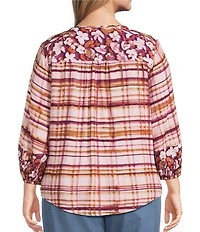 Westbound Plus Size Woven Floral 3/4 Sleeve V-Neck Tie Blouse