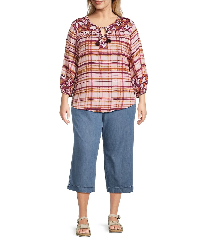 Westbound Plus Size Woven Floral 3/4 Sleeve V-Neck Tie Blouse