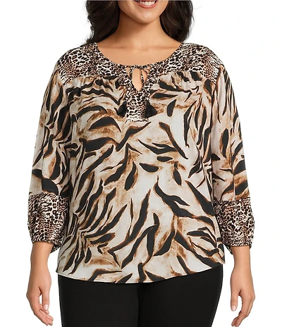 Westbound Plus Size Woven Mocha Sandy Leopard 3/4 Sleeve V-Neck Tie Blouse