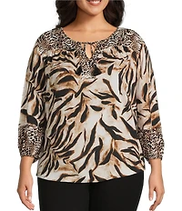 Westbound Plus Size Woven Mocha Sandy Leopard 3/4 Sleeve V-Neck Tie Blouse