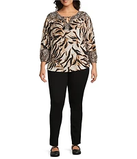 Westbound Plus Size Woven Mocha Sandy Leopard 3/4 Sleeve V-Neck Tie Blouse
