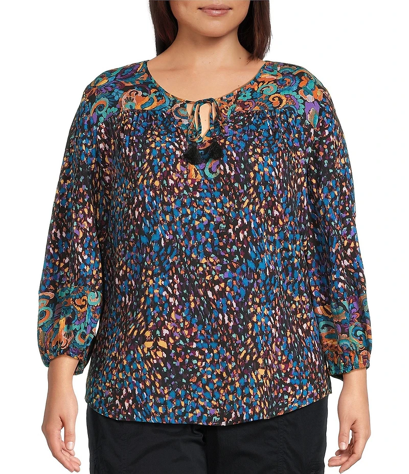 Westbound Plus Size Woven Multi Fanned Flourish 3/4 Sleeve V-Neck Tie Blouse