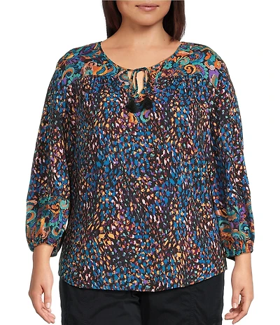 Westbound Plus Size Woven Multi Fanned Flourish 3/4 Sleeve V-Neck Tie Blouse