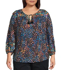 Westbound Plus Size Woven Multi Fanned Flourish 3/4 Sleeve V-Neck Tie Blouse