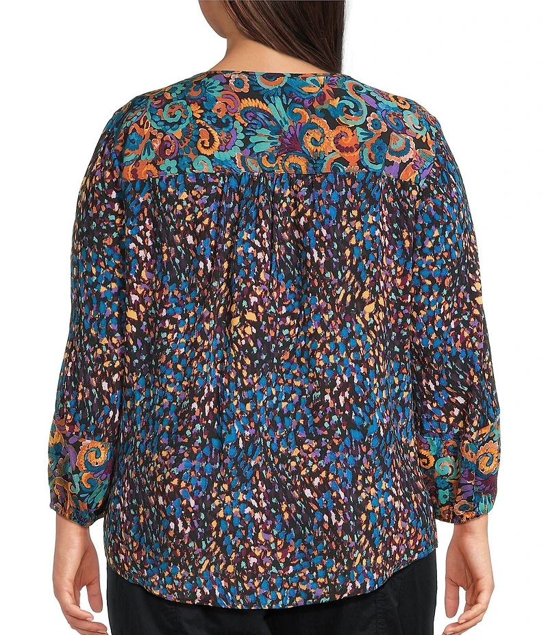Westbound Plus Size Woven Multi Fanned Flourish 3/4 Sleeve V-Neck Tie Blouse