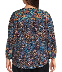 Westbound Plus Size Woven Multi Fanned Flourish 3/4 Sleeve V-Neck Tie Blouse