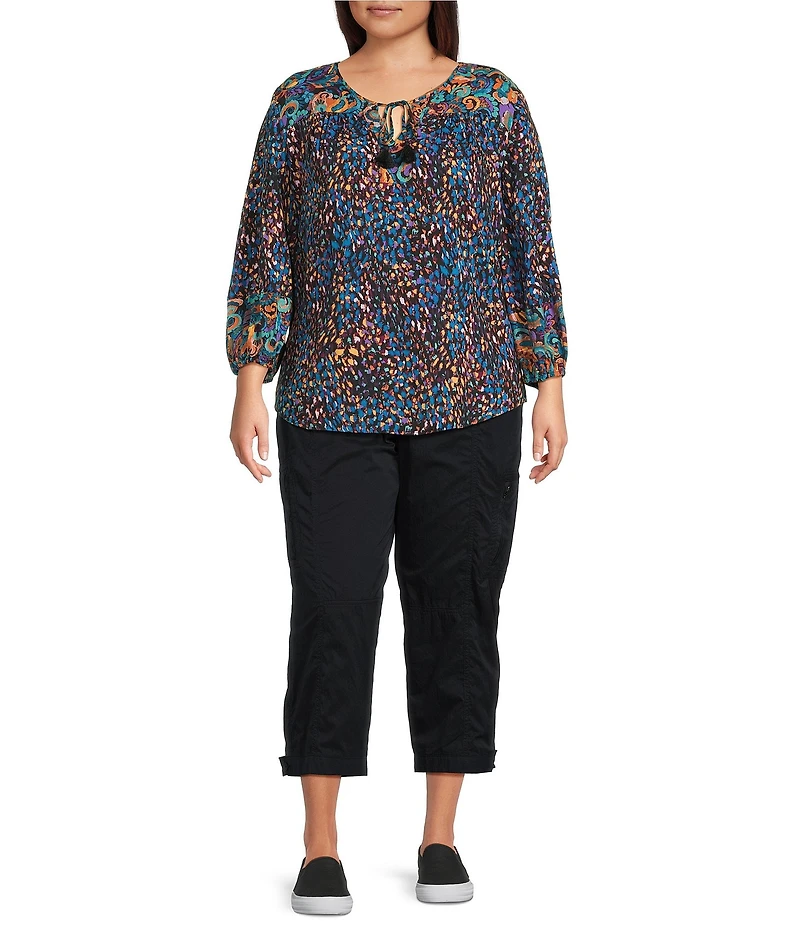 Westbound Plus Size Woven Multi Fanned Flourish 3/4 Sleeve V-Neck Tie Blouse