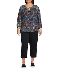 Westbound Plus Size Woven Multi Fanned Flourish 3/4 Sleeve V-Neck Tie Blouse