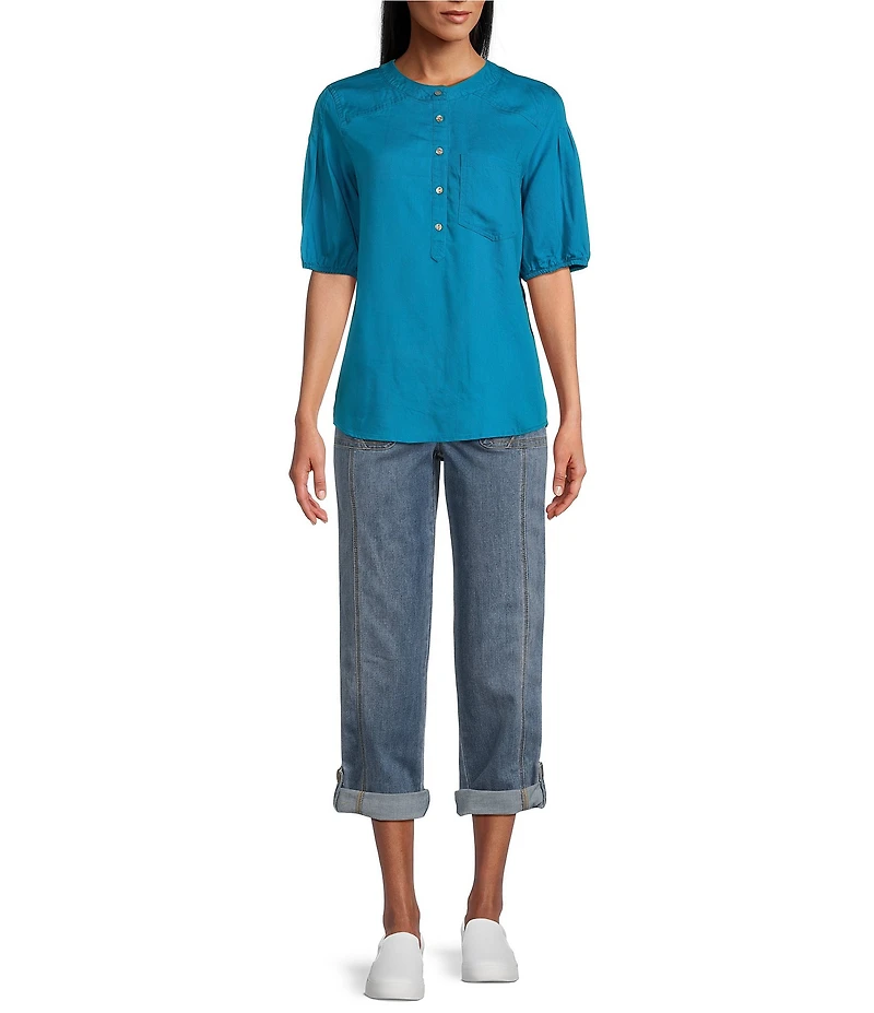 Westbound Pocket Front 3/4 Puff Sleeve Henley Top