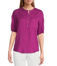 Westbound Pocket Front 3/4 Puff Sleeve Henley Top