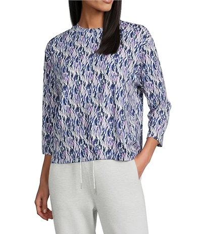Westbound Printed Crew neck 3/4 Sleeve Pleated Side Tuck Hem Top