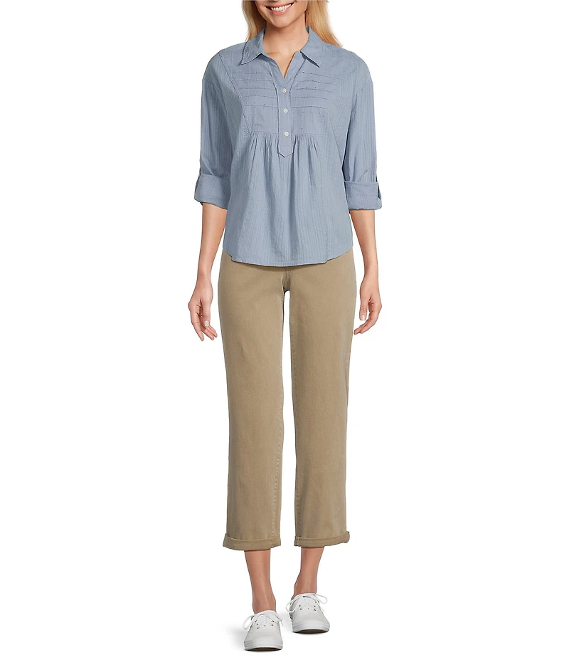 Westbound Roll Tab 3/4 Sleeve Point Collar Henley Top