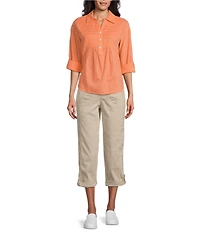 Westbound Roll Tab 3/4 Sleeve Point Collar Henley Top