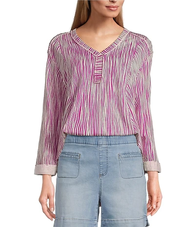 Westbound Stripe Print Rolled 3/4 Sleeve Faux Henley Top