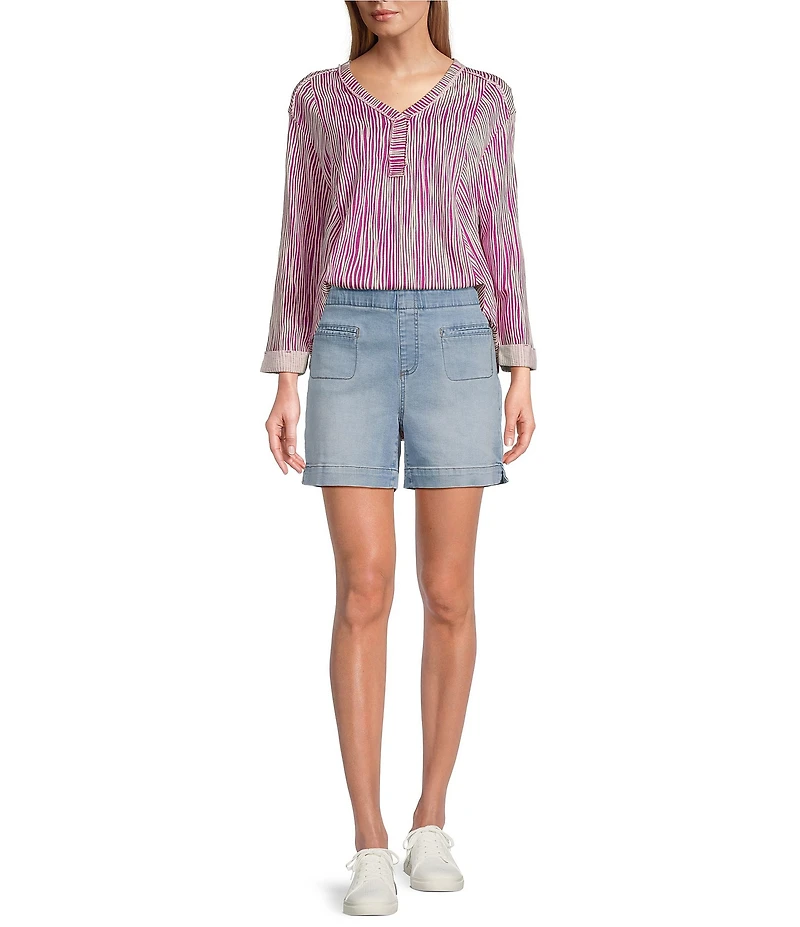 Westbound Stripe Print Rolled 3/4 Sleeve Faux Henley Top
