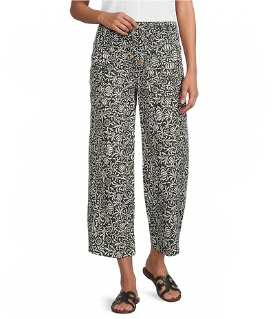 Westbound Scroll Linen Blend Pull-On Flat Front Crop Pants