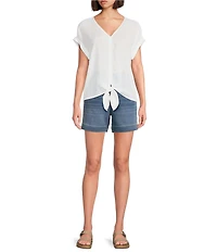 Westbound Short Linen Blend Sleeve V-Neck Tie Front Top