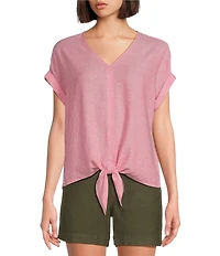 Westbound Short Linen Blend Sleeve V-Neck Tie Front Top