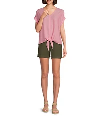 Westbound Short Linen Blend Sleeve V-Neck Tie Front Top