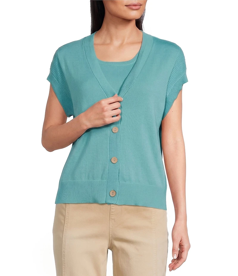 Westbound Short Sleeve Y-Neck Button Front Cardigan
