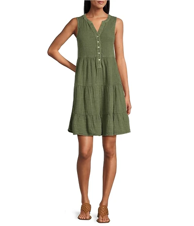 Westbound Sleeveless Button Front Tiered Dress