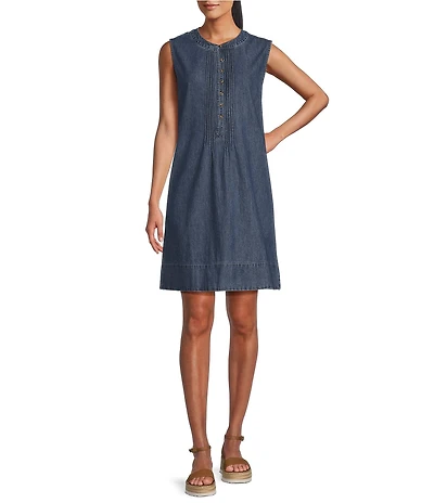 Westbound Sleeveless Partial Button Front Denim A-Line Dress