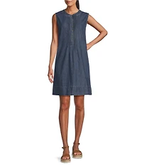Westbound Sleeveless Partial Button Front Denim A-Line Dress