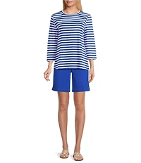 Westbound Stripe Print 3/4 Sleeve Crew Neck Top