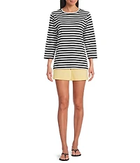 Westbound Stripe Print 3/4 Sleeve Crew Neck Top